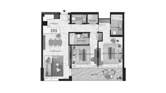 Apartment floor plan, 2 bedrooms in DoubleTree by Hilton Residences No. 11009 (2D)